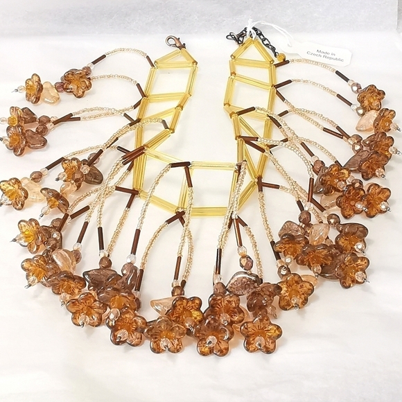Nwt Czech Amber glass flower cascade choker necklace - Picture 4 of 8